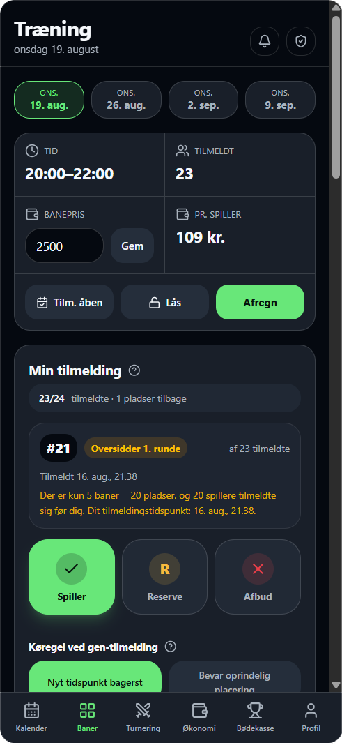 Træningsskærm med spillerliste og baneseeding